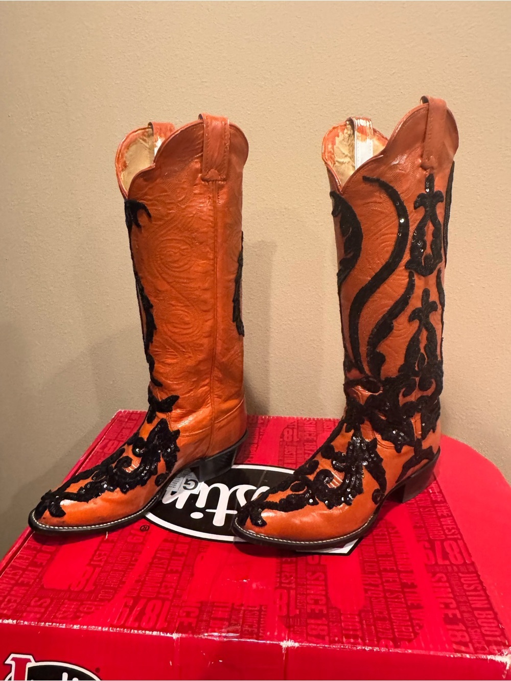 Justin Boots Orange Leather Western Boots with Black Appliqué - Picture 2 of 3
